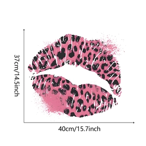 Detail showing dimensions of leopard print pink lips wall sticker 40cm by 37cm