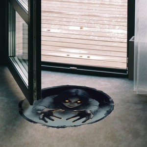 3D Halloween floor sticker featuring a creepy ghost girl with glowing eyes crawling out