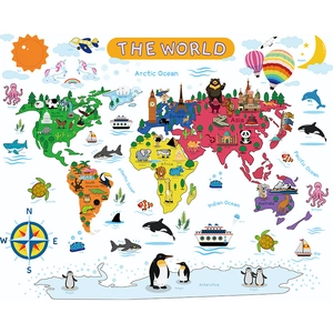 Detailed educational world map wall sticker for kids featuring cartoon animals and landmarks