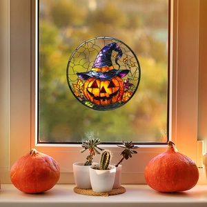 Stained glass Halloween pumpkin with witch hat window sticker decor for festive home display
