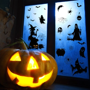Stickers de fenêtre Halloween avec silhouettes de sorcières, fantômes et citrouilles
