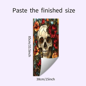 Detail showing dimensions of Halloween skull flower static window cling, 85x38cm size