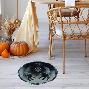 3D Halloween floor sticker featuring a spooky ghost with glowing eyes on wooden flooring