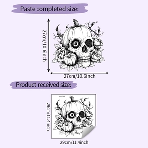 Size comparison detail of Halloween skull and flower wall decal with specific dimensions