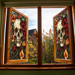 Skeleton and colorful floral static window film with vintage stained glass effect