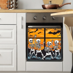 Autocollant Halloween pour four avec squelettes dansants, chauves-souris et coucher soleil