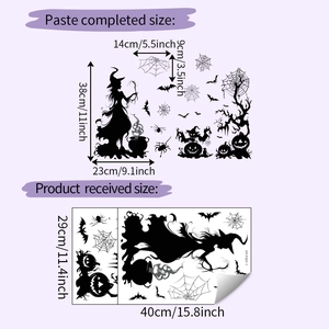 Detailed Halloween wall decal sheet showing layout sizes with witch and pumpkin silhouettes