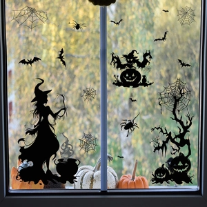 Halloween silhouette window decals featuring witch, pumpkin, bats and spider web decorations