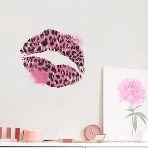 Leopard print red lips wall sticker for home decor in a minimalist living room setting