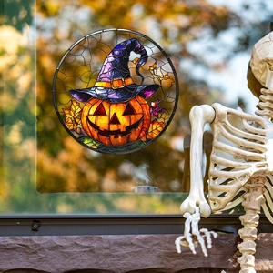 Halloween pumpkin witch hat window static sticker with autumn leaves and skull decor