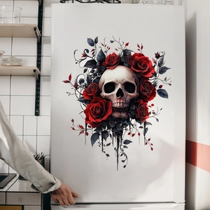 Gothic skull and red roses wall sticker for home decoration on a white surface