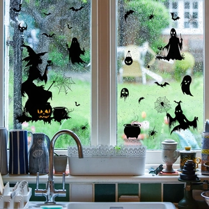 Stickers Halloween de fenêtre avec silhouette de sorcière, fantômes, chauves-souris