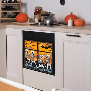 Autocollant lave-vaisselle Halloween avec squelettes dansants sous un coucher de soleil orange