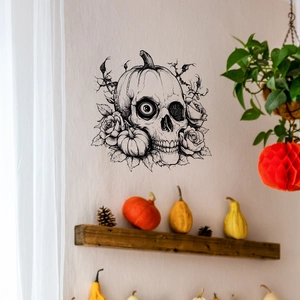 Gothic Halloween wall sticker with pumpkin skull and roses for home decor