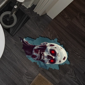 3D Halloween floor decal featuring a scary zombie skull breaking through dark wood floor