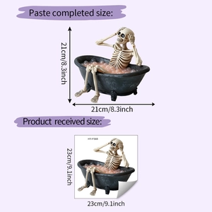 Detailed dimension guide for Halloween skeleton bathtub wall decal showing 23x23cm sheet size