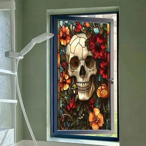 Gothic skull and floral stained glass window film providing privacy for bathroom windows