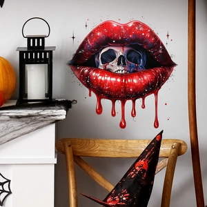 Halloween wall sticker with red lips holding a skull and blood drips for home decor