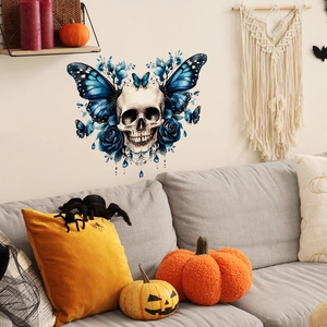 Halloween wall sticker with blue skull, butterfly wings and roses for home decor