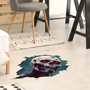 3D Halloween zombie floor sticker showing a realistic ghoul breaking through light wood tiles
