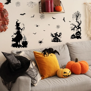 Halloween wall sticker set featuring witch, pumpkin and bats for home window decor
