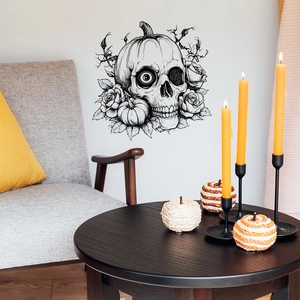 Gothic Halloween wall decal featuring skull, pumpkin, and roses for living room decor