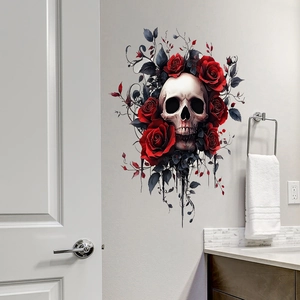Gothic skull and red rose wall decal sticker for modern bathroom home decoration