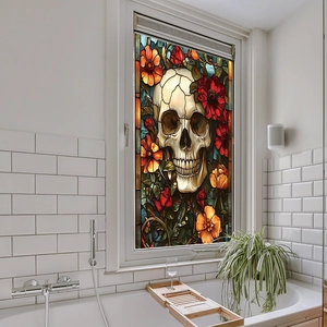 Gothic skull and red roses stained glass window film for Halloween home decor