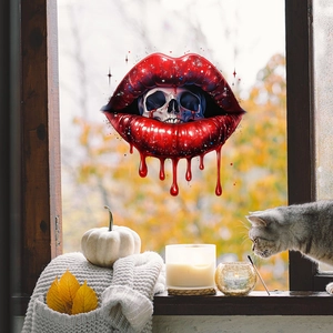 Halloween wall sticker featuring red glitter lips with skull and blood drip design