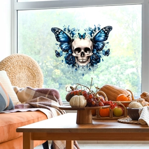 Halloween wall sticker with skull, blue butterflies and roses for home decor