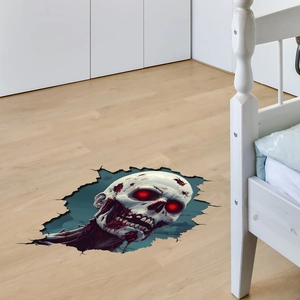 3D Halloween wall decal featuring a scary zombie skull rising from light wood flooring