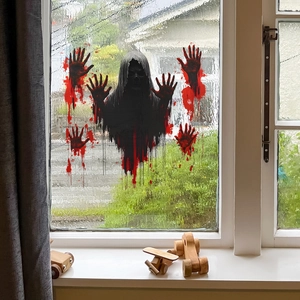 Halloween wall sticker featuring a spooky hooded ghost and bloody handprint decals