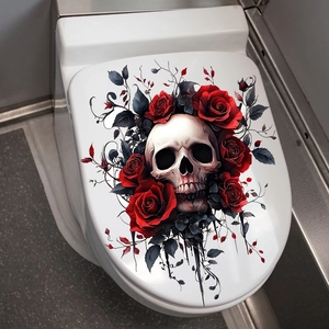 Gothic skull and red rose self-adhesive wall decal for bathroom toilet cover decoration