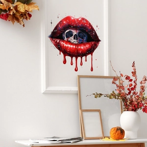 Gothic Halloween wall art featuring red glitter lips with skull design in a frame