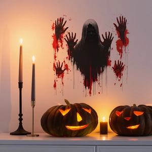 Halloween wall sticker featuring a hooded skull ghost and red bloody handprints