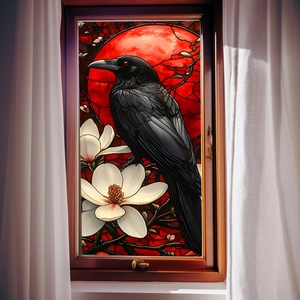 Gothic stained glass window film featuring a black raven with white magnolia and a red moon