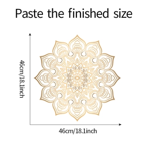 Detailed dimension guide for golden mandala wall decal showing 46cm x 46cm size