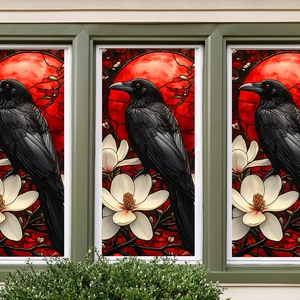 Gothic window film with black raven and white magnolia flowers against a red full moon