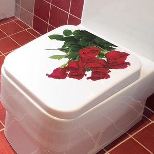 Romantic red rose floral wall stickers decorating a white ceramic toilet lid for bathroom