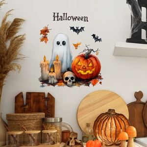 Halloween Wall Stickers Ghost Pumpkin Candle Bat Removable PVC Window Decals For Living Room Party Home Decorative Stickers