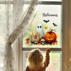 Halloween window stickers featuring ghosts and pumpkins for festive home glass decoration