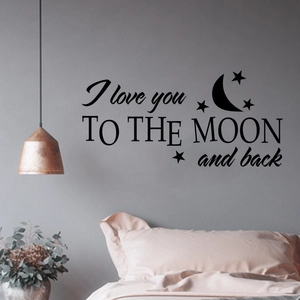 Detail of I love you to the moon and back wall sticker with moon and stars in bedroom