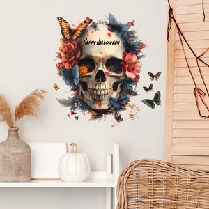 Adesivo da Parete Teschio Sorridente di Halloween Con Farfalla e Fiori PVC Adesivo Murale per Soggiorno Camera da Letto Decorazione