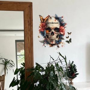 Adesivo murale con teschio, fiori colorati e farfalle per decorazione Halloween