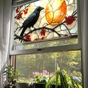 Artistic raven and moon stained glass window hanging with red berries home decor