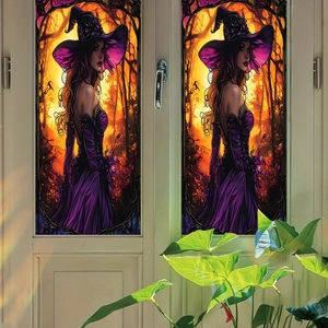 Gothic Halloween witch window stickers with purple dress and sunset forest scene