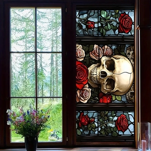 Gothic skull and red rose stained glass window film for home privacy and decoration