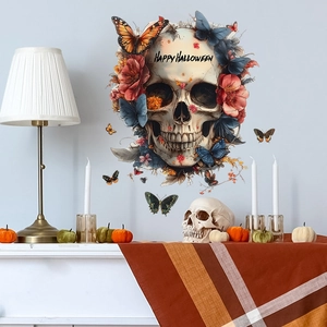 Adesivo murale teschio di Halloween con fiori e farfalle per decorazioni domestiche