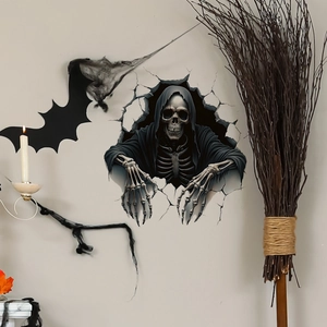 3D Halloween wall sticker featuring a realistic grim reaper skeleton breaking through a wall