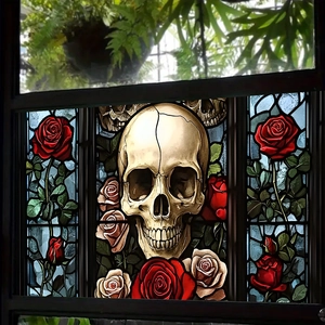 Gothic skull and red rose stained glass style window cling for Halloween home decoration